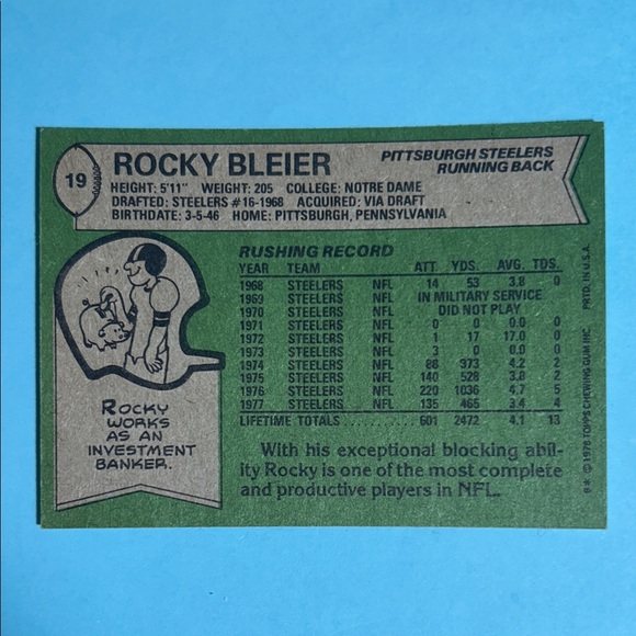 1978 Topps Rocky Bleier Steelers Vintage Original NFL Card #19 - Picture 2 of 2